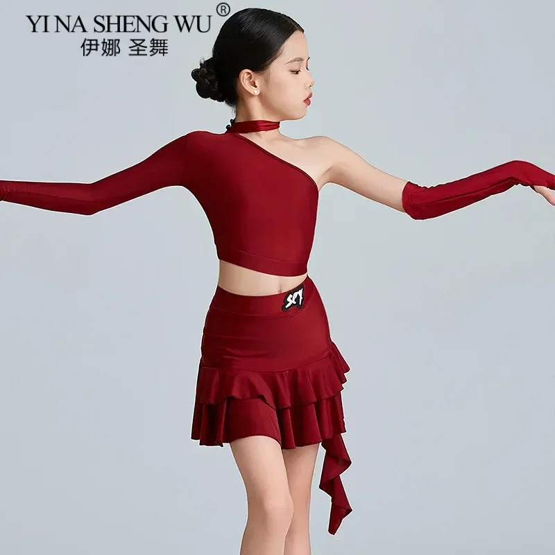 Ragazze Bambini Abiti da ballo latino Abito rosso Cha Cha Rumba Samba Pratica di allenamento Top Gonna Abito Dancewear per lezioni di performance