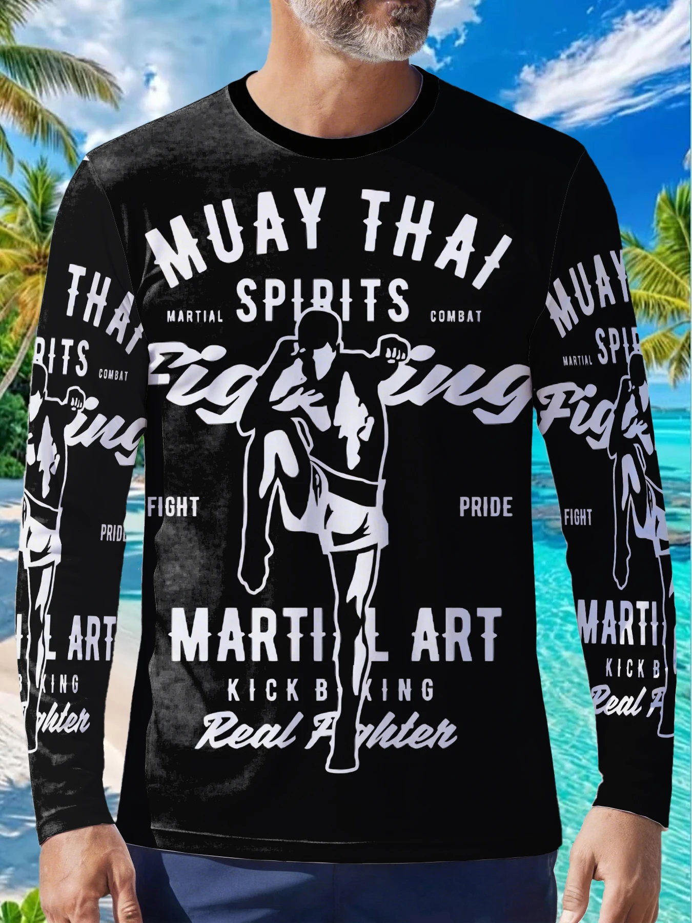 Muay Thai Kickboxing Fighter Mens Polyester Long Sleeve T Shirt Muay Thai Spirits Fighting Print Graphic Tee Casual Streetwear G