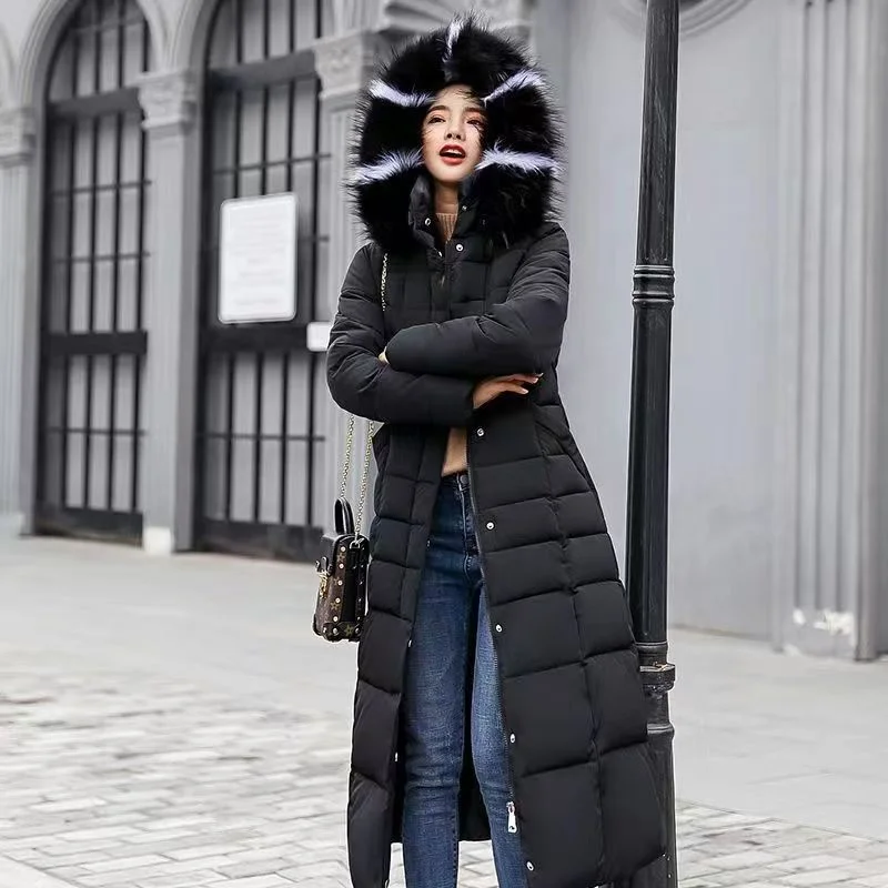 2024 Winter cotton-padded women long knee-length Korean version cotton-padded coat fur collar thickened down cotton-padded coat