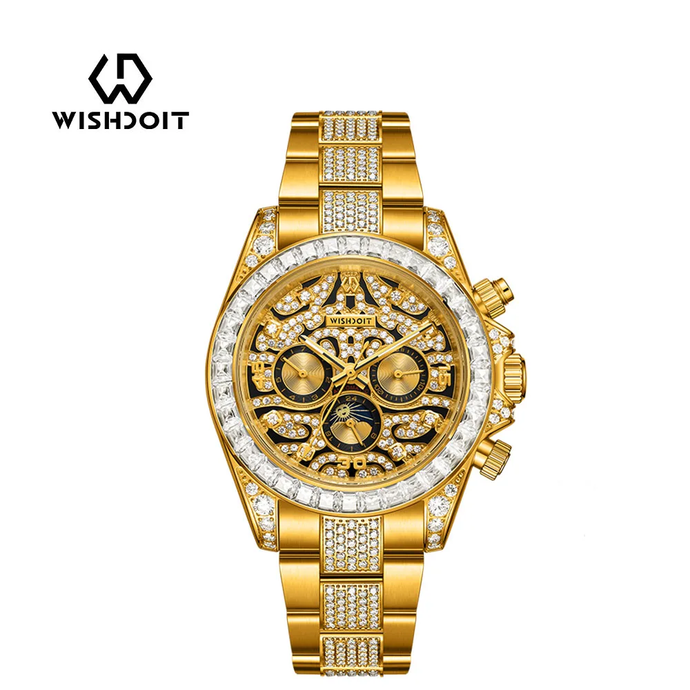 WISHDOIT 2025, neue luxuriöse mechanische Golduhr mit eingelegtem Diamant-Timing-Uhrwerk, Herren-Edelstahl, wasserdicht