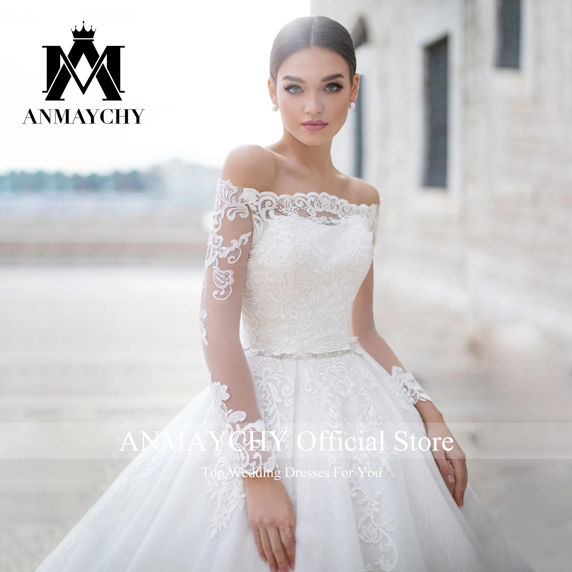 ANMAYCHY a-line فستان الزفاف 2023 مع أكمام طويلة سترة بلا حمالات زين دانتيل ذيل شابيل فستان الزفاف Vestidos De Novia