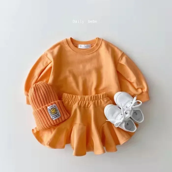 Korean Children Clothing Girls Set 2024 Autumn Korean Fashion Trend Solid Hoodie Lotus Leaf Skirt Princess Two Piece Set