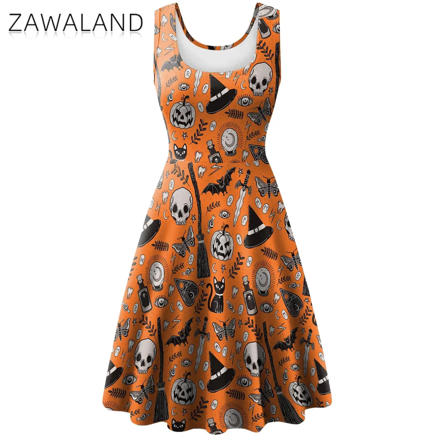 

Zawaland Halloween Pumpkin Dress for Women Sexy Sleeveless Witch Party Ghastly 3D Skull Print Anime Clothes Summer Vintage Dress