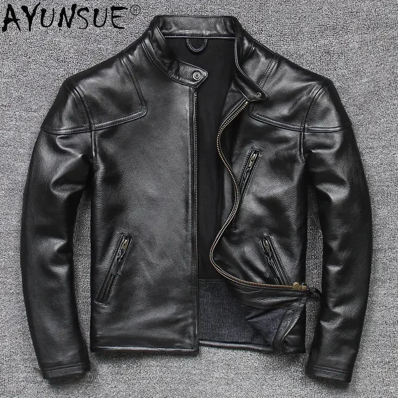 

AYUNSUE Mens Leather Jackets Autumn Genuine Cow Jacket Men Short Black Coat Motorcycle Sobretudo Masculino SGG