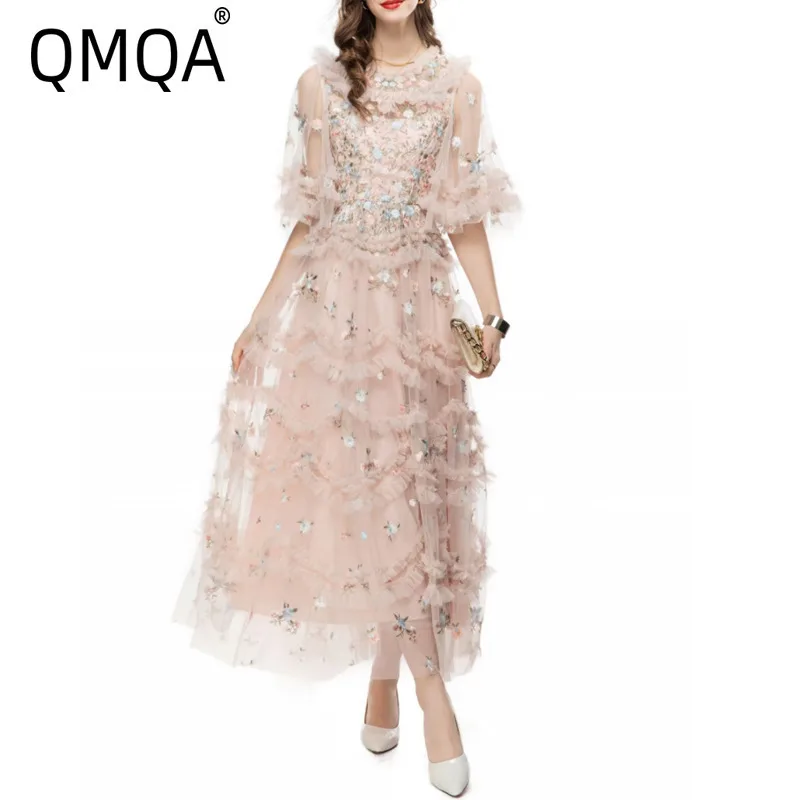 QMQA Fashion Women's Elegant Dresses Embroidery Short Sleeve Splicing Round Neck Ruffle Large Swing Long Dress 2025 Female QM52