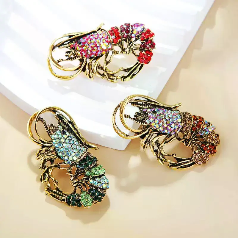 Fashion Rhinestone Based Shrimp Shaped Brooches For Women Clothing Coat Jewelry Accessries Gifts