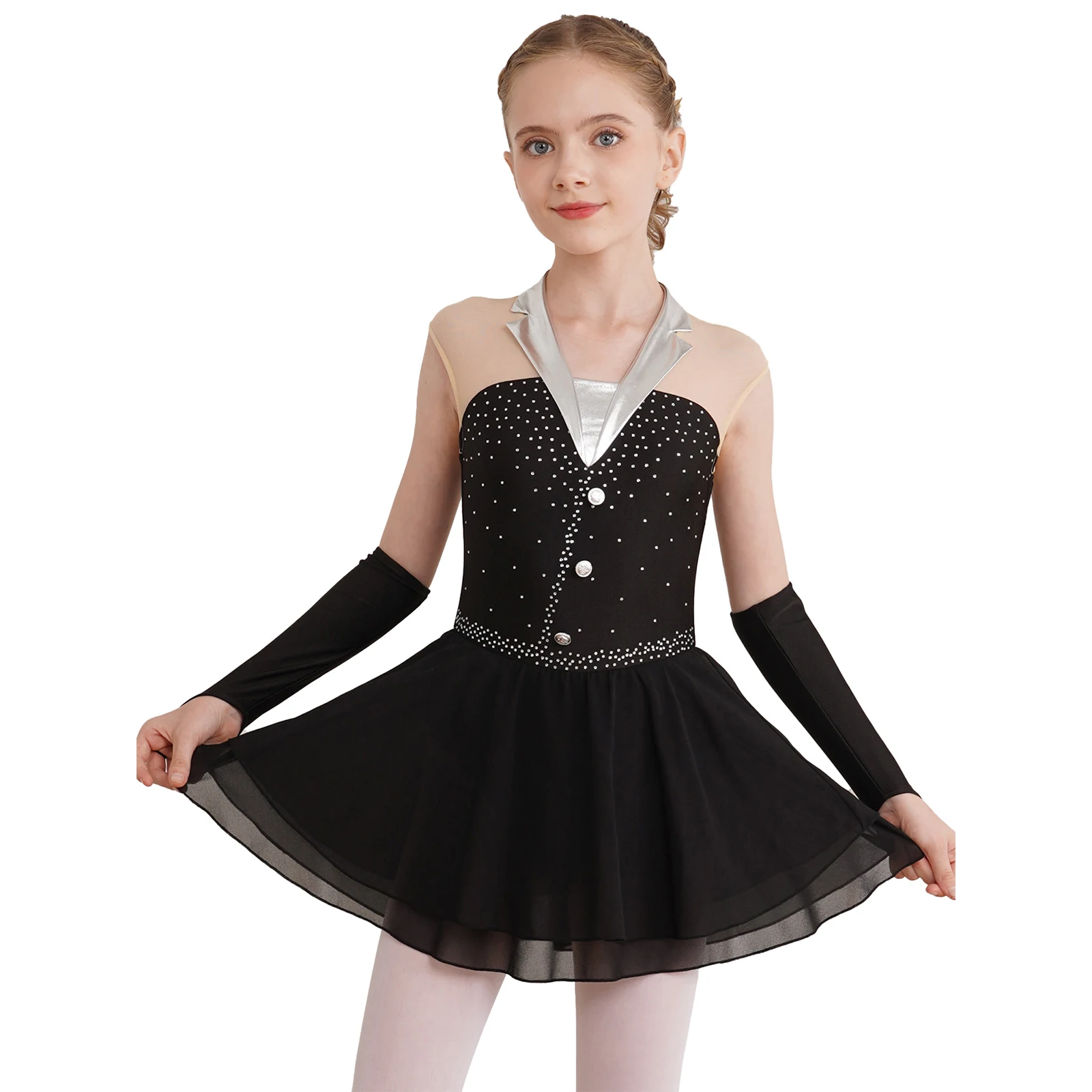 Ballet Dance Leotard Dress Kids Girls Sleeveless Chiffon Built-in Briefs One-Piece Figure Skating Dress+Fingerless Gloves Sets