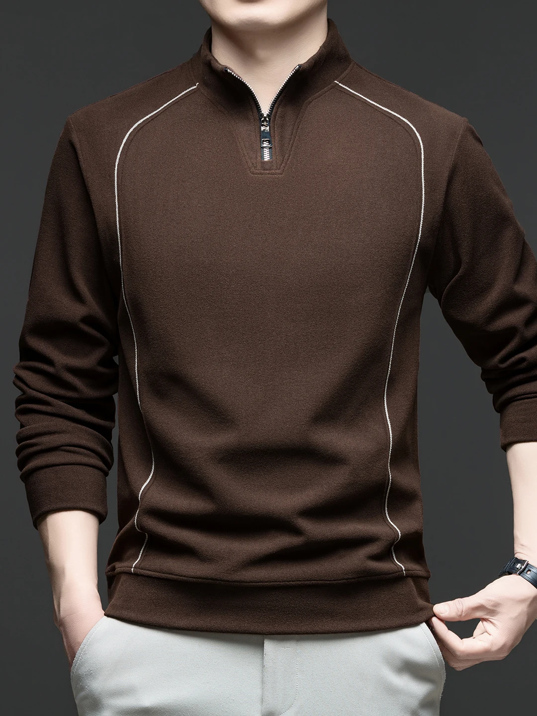 

2026 New Faionable Men's Zipper Long Sve Stand Collar Double Sided ionic Velvet Sweatirt Casual Versatile Base irt