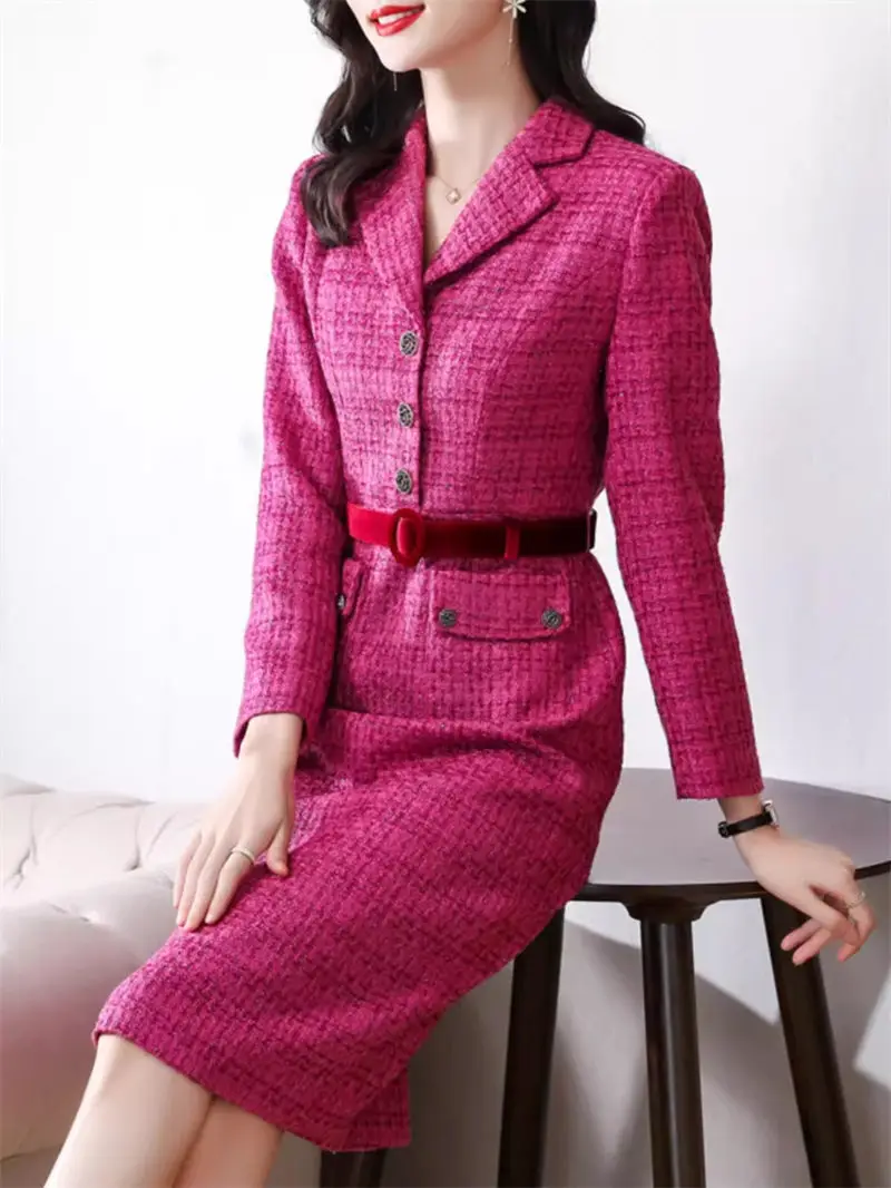 Autumn/Winter Suit Collar Dress For Women 2023 New High End Celebrity Style Slim Thick Tweed Wrapped Hip Dress Office Lady Z4060