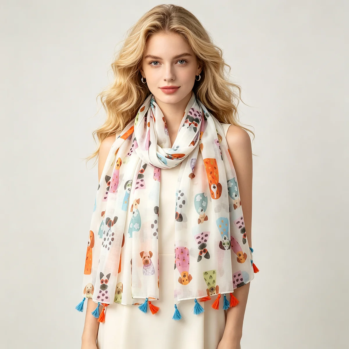 女性用漫画犬柄タッセルスカーフ 軽量 かわいい子犬アニマル柄 - Women Fashion Drawing のレビューと価格