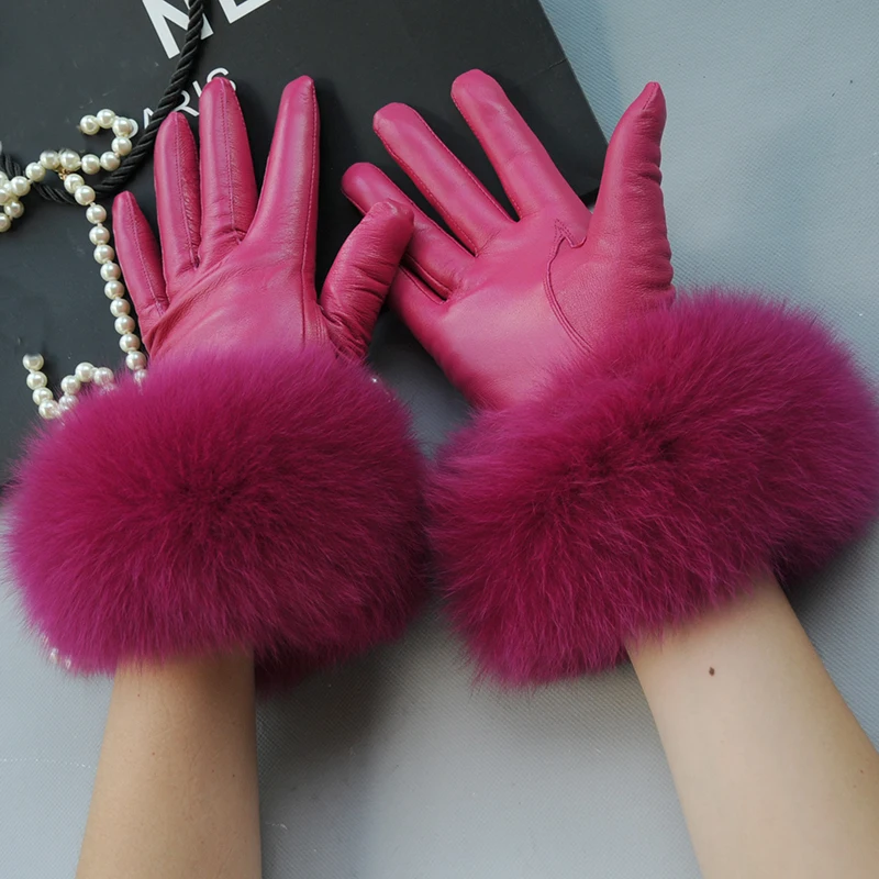 Real Sheepskin Fox Fur Gloves Women\'s Genuine Leather Glove Winter Warm Fashion Style Natural Fluffy Fox Fur Oversized Customize