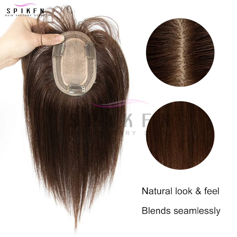 SPIKFN 8-14인치 천연 생머리 가발, 진짜 인모 탑퍼 8x12cm 통기성 헤어 베이스, 탈모 또는 앞머리 스타일링용