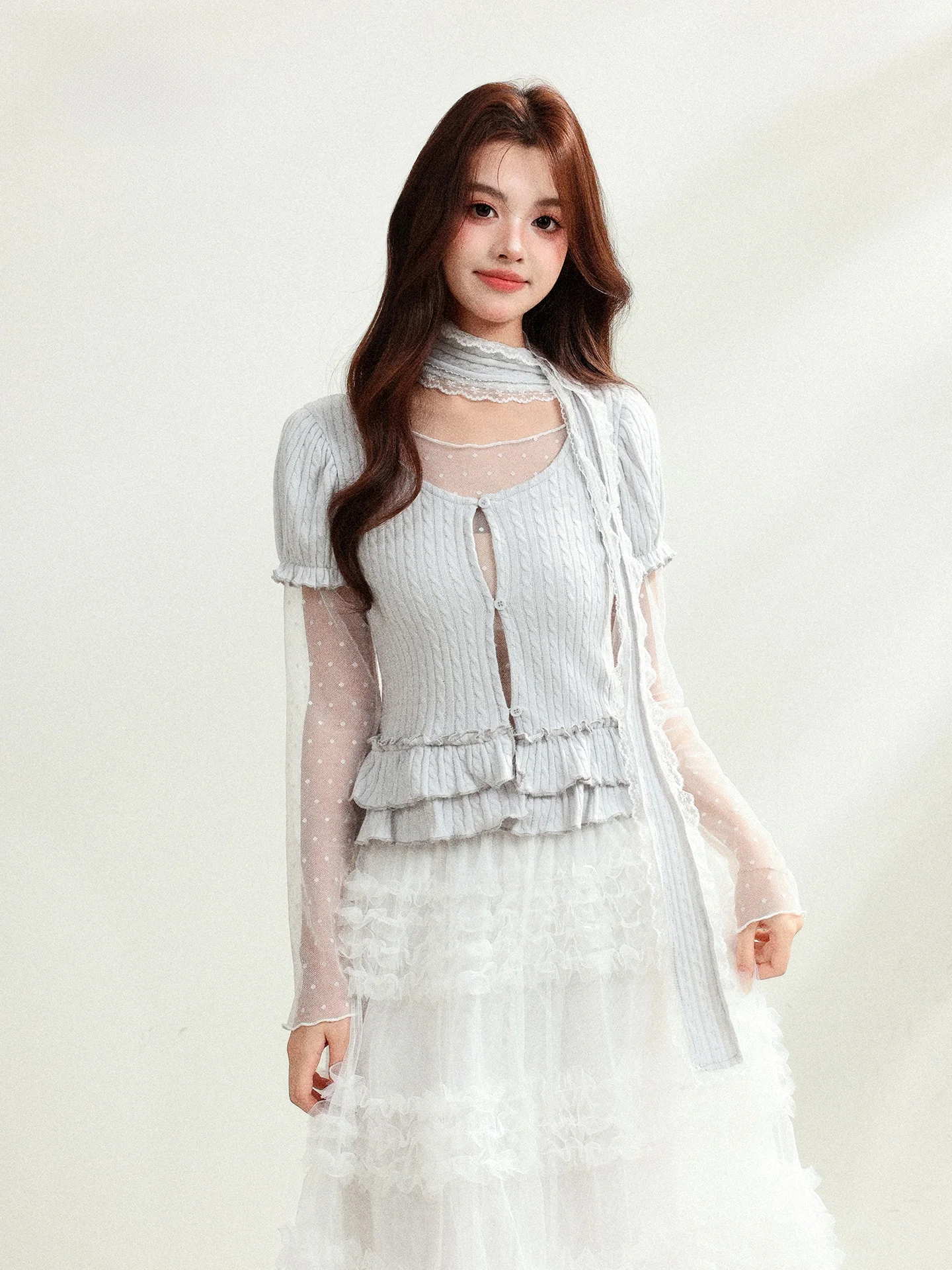 

Sweet Style Lace Splicing Knitted Cardigan Women's New 2026 Summer Lace Trim Two-Piece Set Girl's Fashion Ensemble