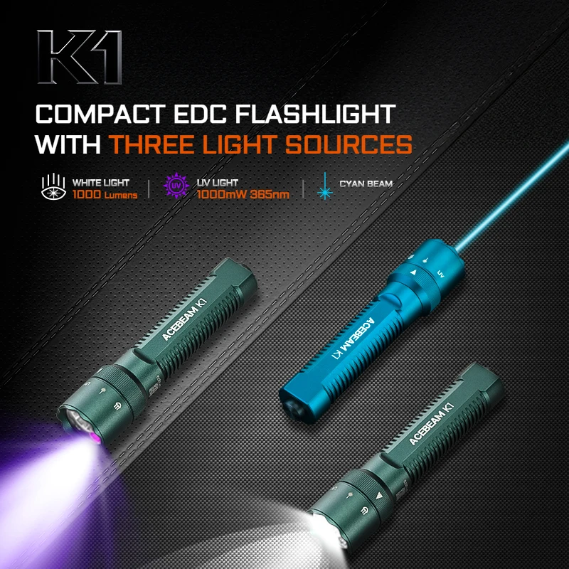 ACEBEAM K1 Rechargeable Flashlight EDC AA Pocket 1000 Lumens High Brightness with Green Beam UV LED And White LED Light
