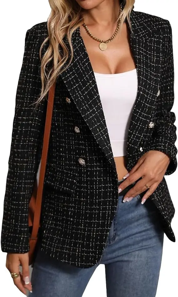 Blazers et Manteaux Femme Printemps 2026 – Vestes de Costume Unies à Poches, Manches Longues, Double Boutonnage, Col Cranté, Coupe Slim – Idéales pour le Bureau et l'Automne