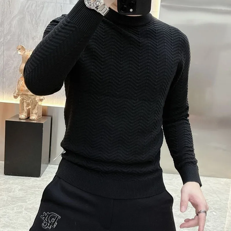 Men's Slim All-match Solid Color Long Sleeve Knitted T-shirt 2023 Casual Fashion Trend Half High Collar Sweaters Male Clothes