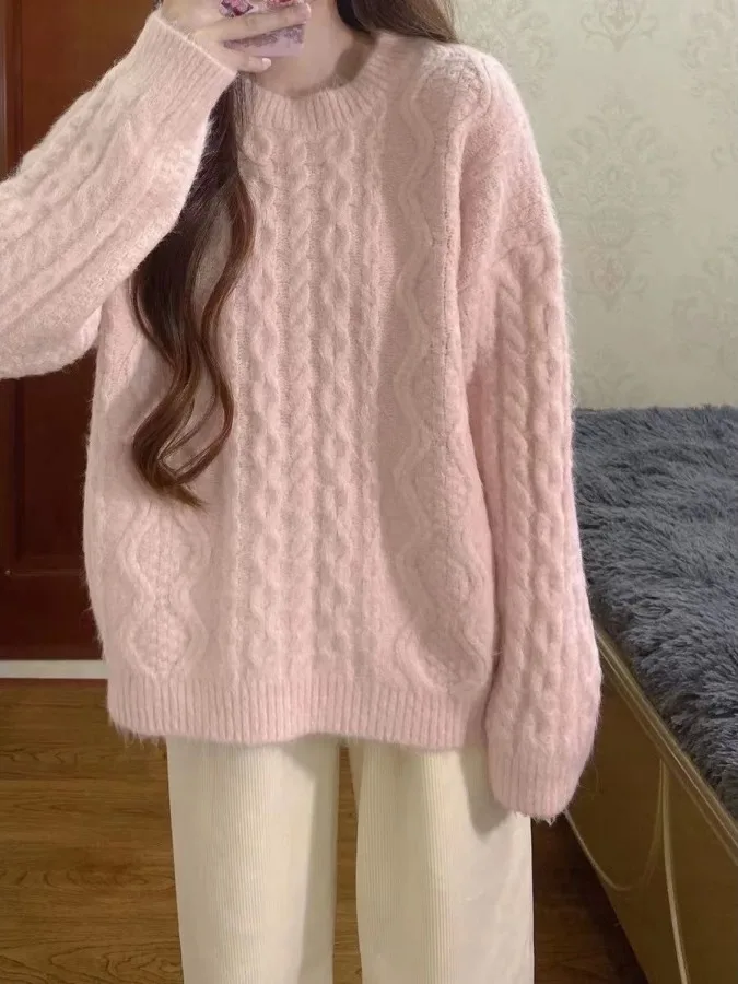 

Pink Twisted Knit Sweater Women's Loose Fit round Ne Thiened Autumn Winter New Sle Lazy Faion Sweet Sle Top