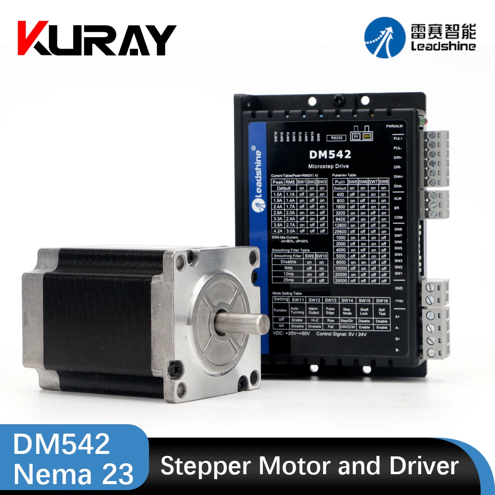 Kuray Leadshine 2Phase Stepper Driver DM542 20-50VAC + Motor 57CM23 Length 76mm For Co2 Laser Cutting and Engraving Machine