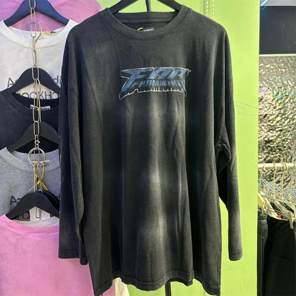 

Длинная футболка с буквенным принтом в стиле ретро, американская ручная роспись, свободная хлопковая круглая футболка Ne, повседневная одежда, осенняя молодежная мода