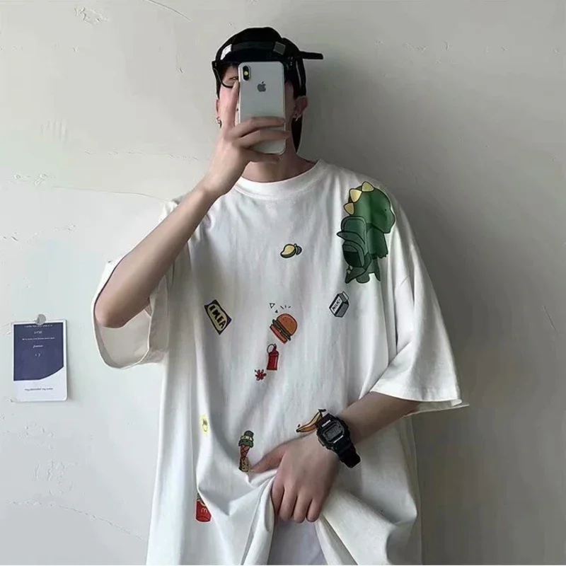 M-8XL Men Oversized Korean Fashion Loose American Cute Dinosaur Print Versatile Trend Couple Outfit
