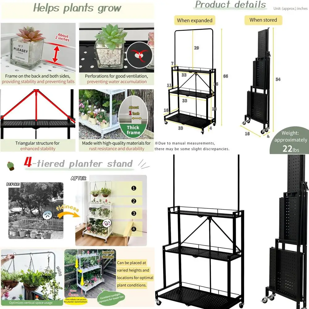 4-Tier Foldable Plant Stand with Wheels, Indoor/Outdoor Use, Easy Pot Placement, Sturdy and Fall-Proof for Storage and Flowers (
