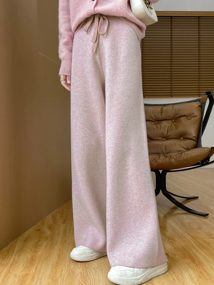 100% メリノウール レディース ワイドレッグ ルーズ 秋冬 厚手 カジュアル ファッション ニット カシミヤパンツ