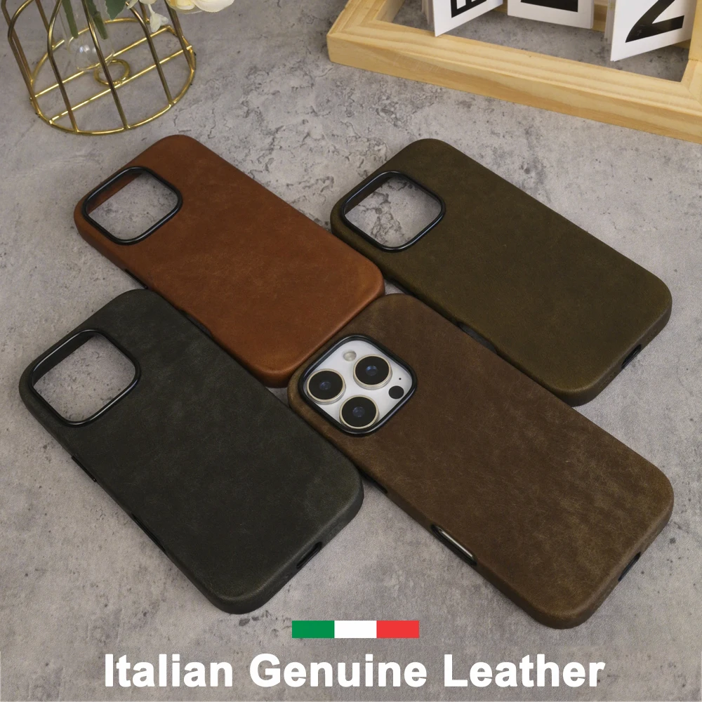 

100% Italy Crazy Horse Genuine Leather Case for iPhone 16 15 14 Pro Max Magnetic Cover PULL-UP Cowhide MagSafe Phone Cases