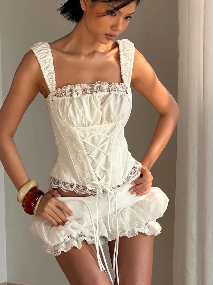 

Whatiwear 2 Piece Set Woman Lace Patchwork Square Collar Cross Bandage Decoration Tank Tops+Ruched Puffy Shorts Y2K Style Suits