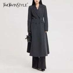 TWOTWINSTYLE Solid Elegant Trench For Women Lapel Long Sleeve Spliced Pocket Temperament Loose Long Coat Female Fashion Style