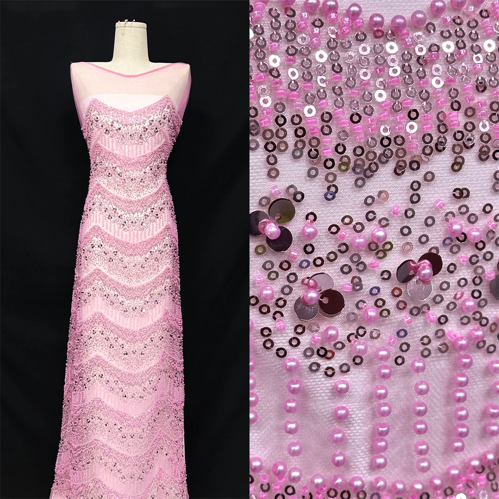 

African Bridal Lace Fabric 2025 High Quality Handmade Beads Luxury Sequin Beaded Embroidery for Wedding Dresses