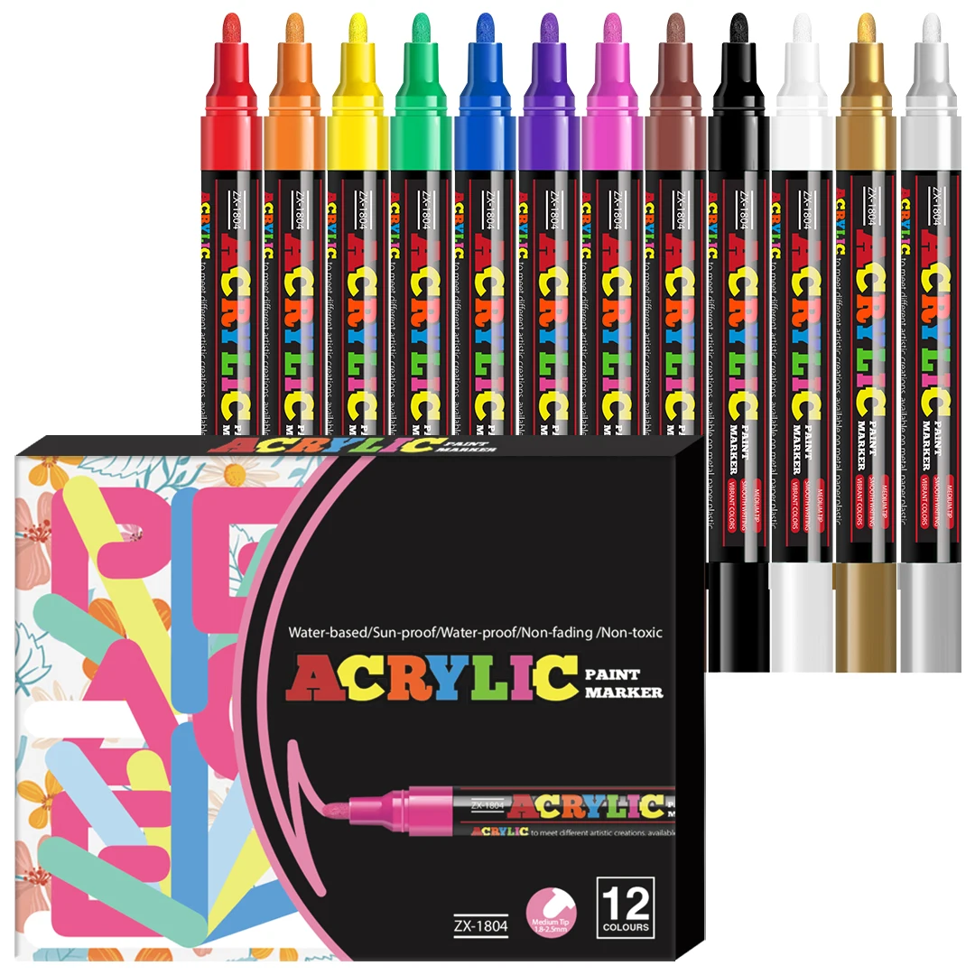 12/18/24 Farben Acryl-Marker-Set, mittlere Spitze (2-3mm), geeignet für Steinmalerei, schwarzes Papier und Skateboard-Dekoration – Detail 9