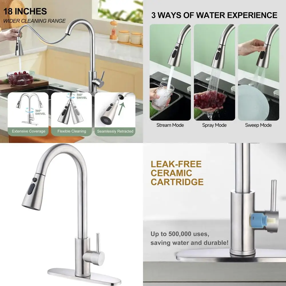 

High-Arc Pull-Down Spray Kitchen Faucet in Brushed Nickel, 3-Function for Farmhouse, RV, and Bar, CL001-BN