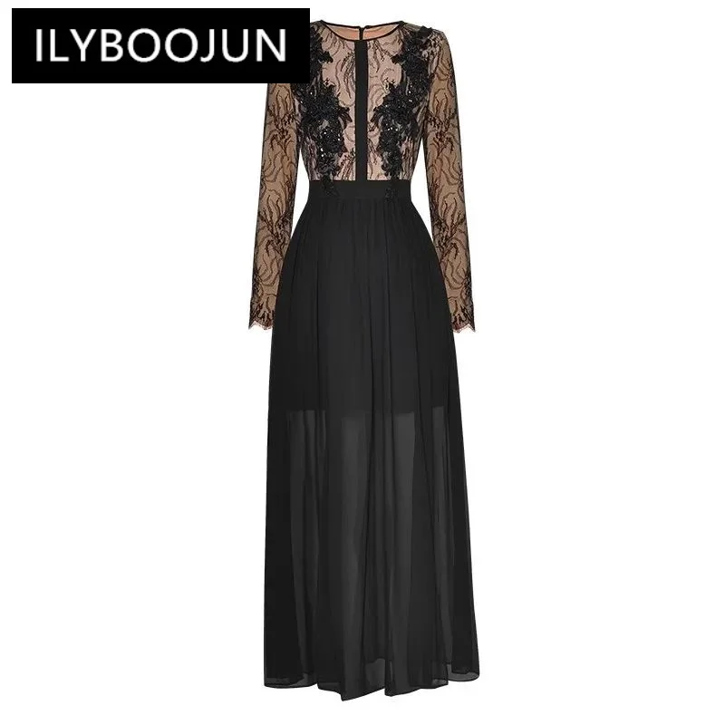 

ILYBOOJUN Fashion Spring Autumn Women's Dress Long sleeved Embroidered Applique Beaded sequins Lace Patchwork Dresses