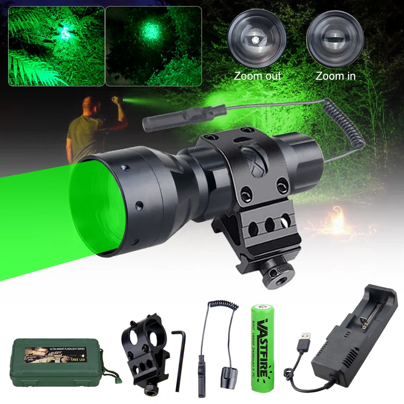 

500 Yard Led Flashlight Professional White/Green/Red Tactical Night Hunting Rifle Lantern 1 Mode High+18650+Charger+Switch+Mount