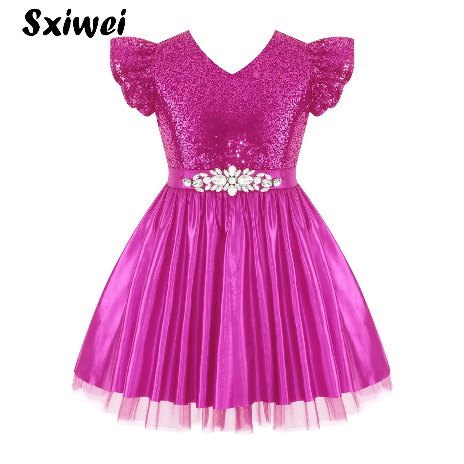 Flower Girls Dress Flutter Sleeve Kids Sequin Satin Layered Ruffled Mesh Tulle Dress Princess Birthday Wedding Party Prom Gowns