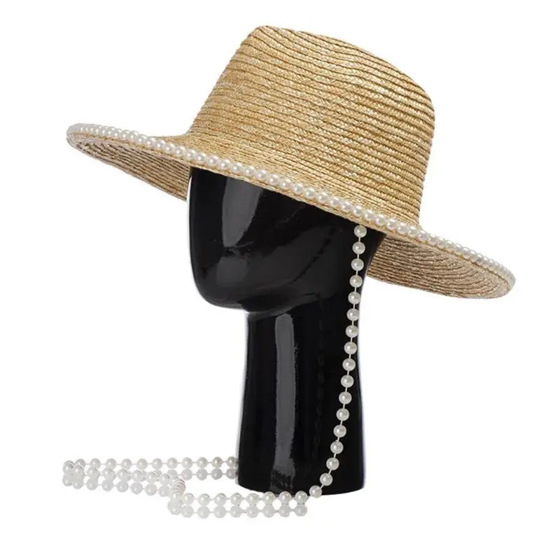 652F Sun Hat with Pearls Wide Brim Foldable Roll Up Cap for Women Kids Accessories Summer Beach Traveling Outdoor Activit