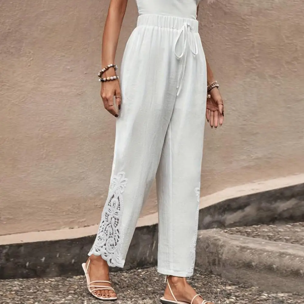 

Women Casual Long Pants Elastic Waist Straight Wide Leg Trousers Embroidery Lace Stitching Casual Trousers pantalones de mujer