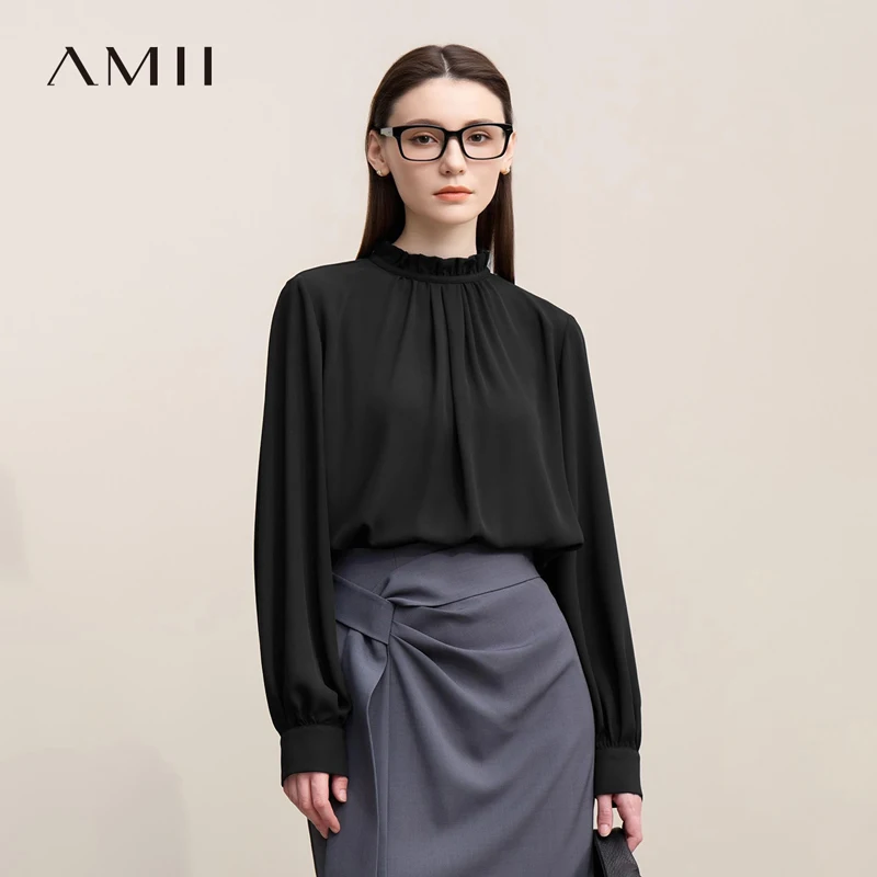 

Amii Blouse For Woman 2026 Spring New Elegant Commuter Edge Pleated Chiffon Shirt Thin Pullover Women's Long-sleeve Top 12641066