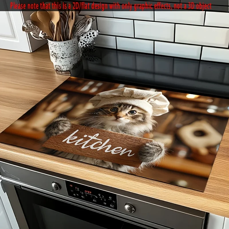 Cartoon Cat Chef Kitchen Stove Top Cover, Non-Slip Stove Protector Mat, Stove Anti-Scratch Pad, Elegant Rustic Kitchen Decor