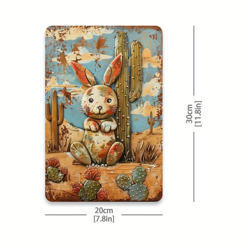 Vintage Rabbit with Cactus Iron Metal Tin 8x12 Inches Ideal for Home Bar Patio and Garden Decor