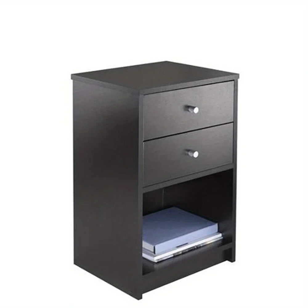 2 Drawers Nightstand Storage Wood End Table Bedside Organizer Modern Black