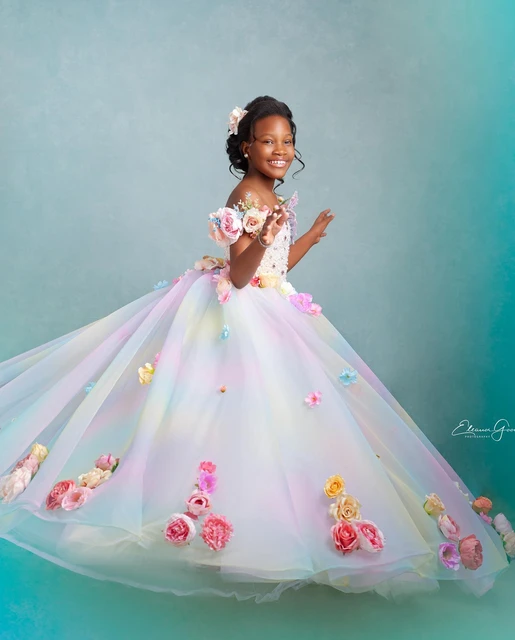Ombre Floral Flower Girl Dresses For Wedding Kids Beaded Party Girls Pageant Dresses Princess Birthday Gowns for Photoshoot