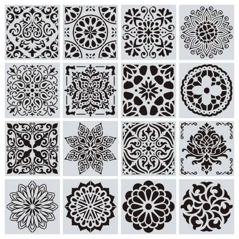 16pcs/set Mandala Stencil Drawing Template Stencils For Painting Board Photo Album Embossed Paper DIY Stencil 15x15cm