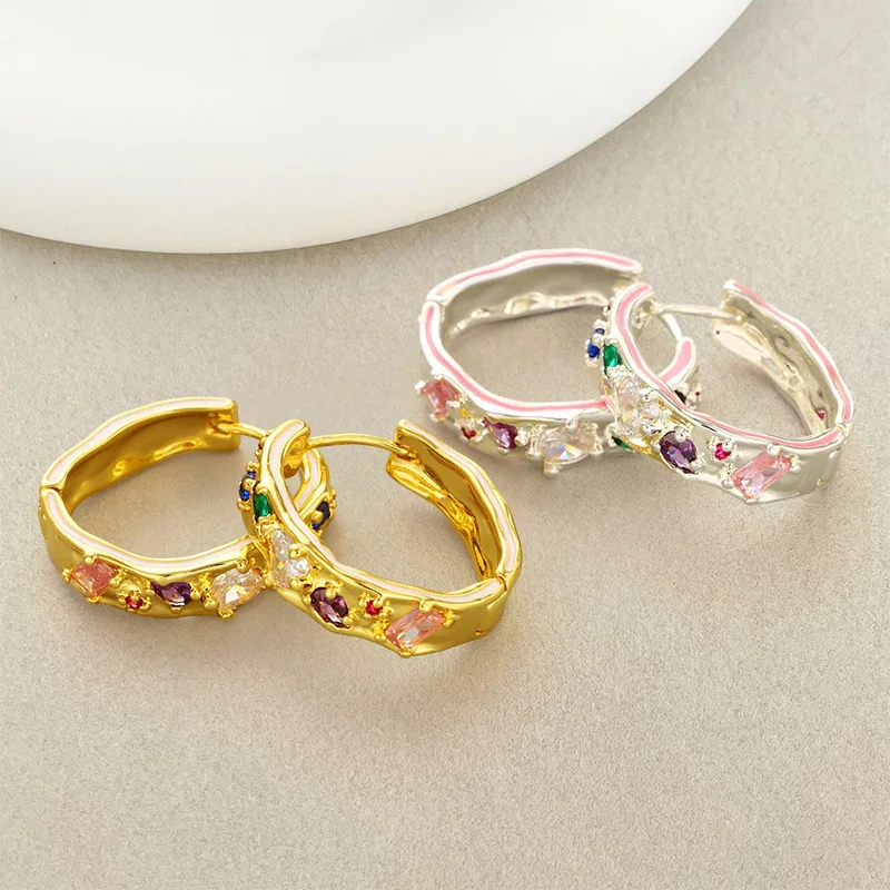 

Classic Trendy Hand-painted Enamel Drop Oil Colorful Cubic Zircon Niche Irregular Shaped Temperament Versatile Earrings for Girl