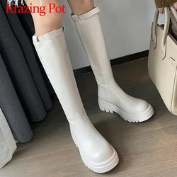 Krazing Pot Full Genuine Leather Modern Boots Round Toe Med Heels Belt Buckle Thick Bottom Joker Basic Zipper Thigh High Boots