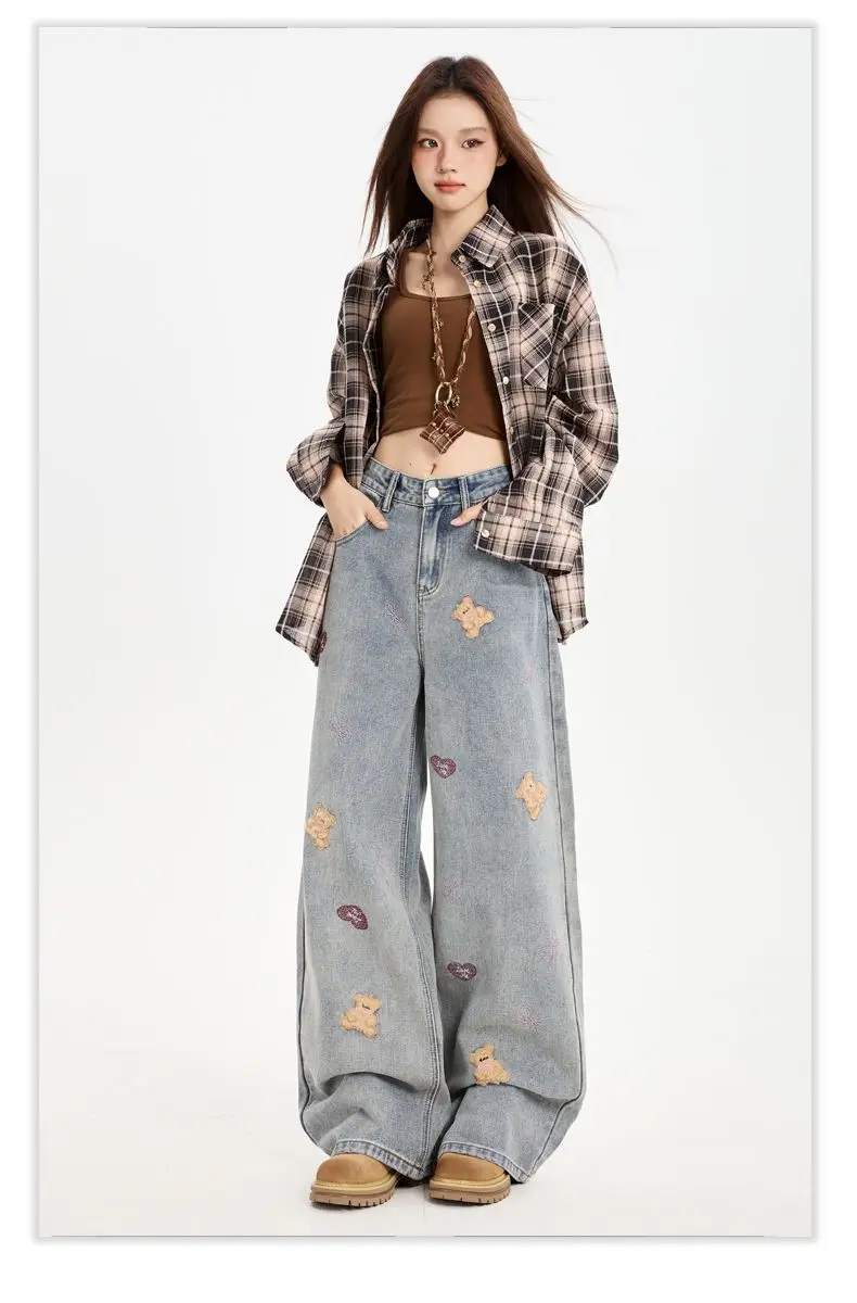 Y2k calças jeans soltas femininas casuais confortáveis retro bordado urso perna larga calças jeans streetwear moda