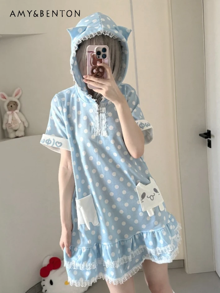 

Japanese Sweet Kawaii Polka Dot Cartoon Print Short Sleeve Hooded Dress Cute Lace Cat Ear Summer Subculture Gothic Mini Dress