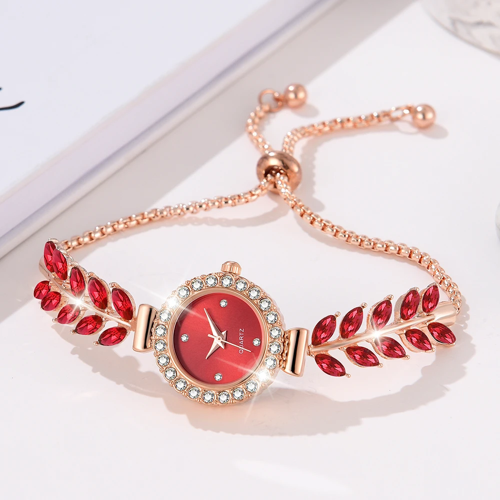 6pcs/Set Red Women Watch Fashionable Minimalist Dial Quartz Wristwatch Alloy Wheat Ear Element Watch Jewelry Set Gift For Her