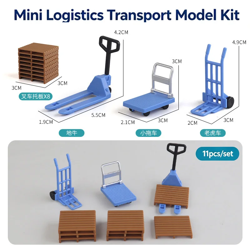 11Pcs Mini Logistics Transport Model Kit Hand Truck/Pallet Set for Making Micro Warehouse Factory Scene Materials Diorama