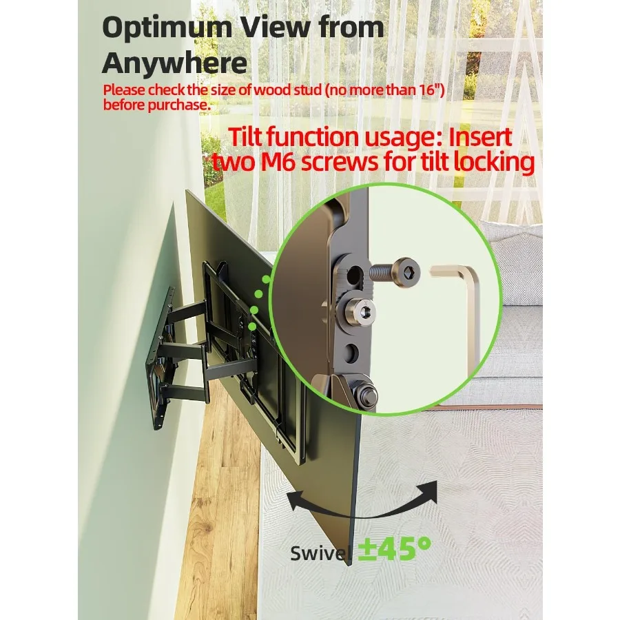 حامل تلفزيون على الحائط فائق النحافة لمعظم تلفزيونات 3782 بوصة مع تصميم مفصل للحركة الكاملة ووظيفة دوارة وإمالة